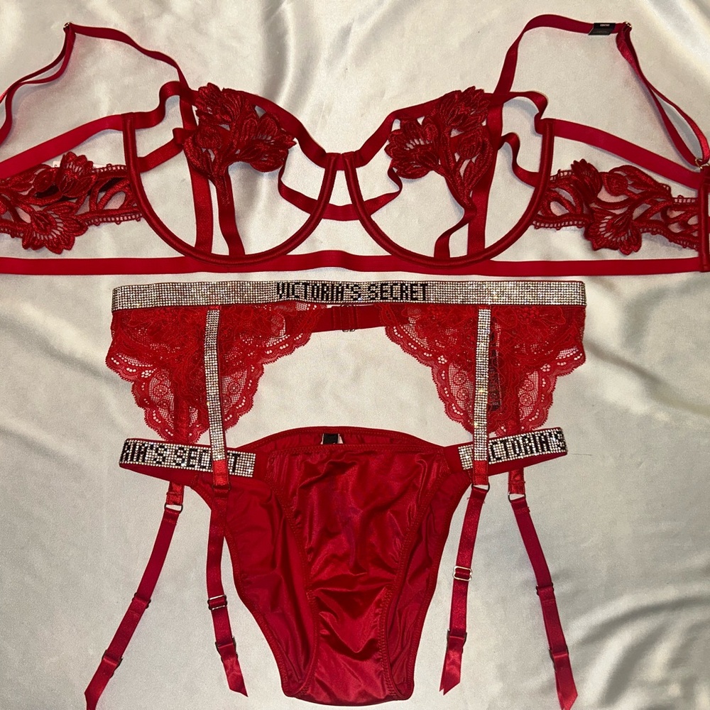 Victoria’s Secret bra shine strap garter belt & panty set red lace embroidery
